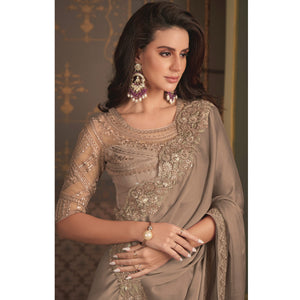 Dusty Beige Embroidered Designer Satin Saree