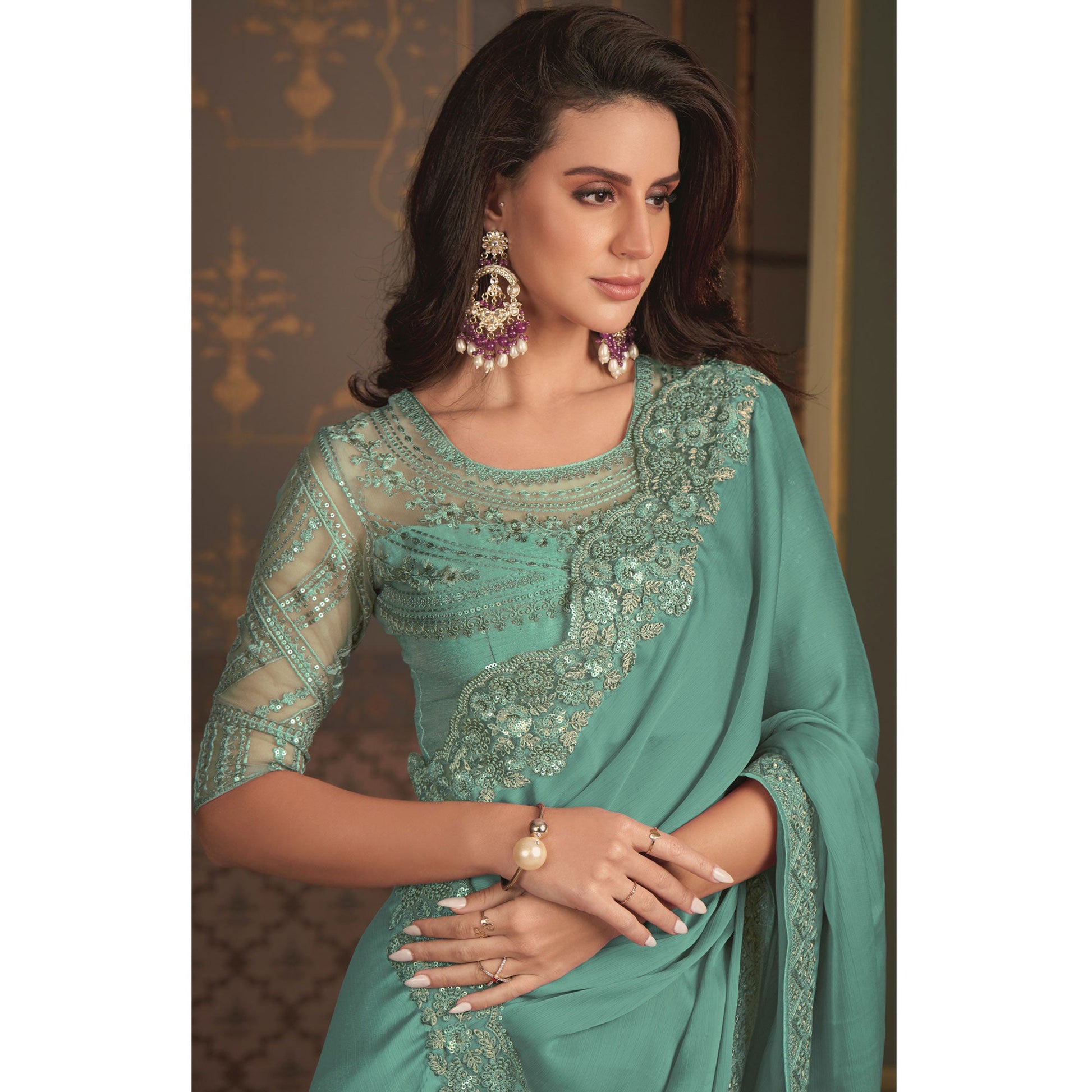 Light Sea Green Embroidered Designer Satin Saree