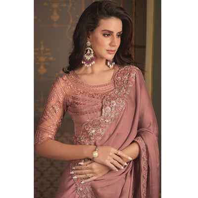 Mauve Embroidered Designer Satin Saree