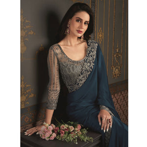 Dark Teal Embroidered Designer Satin Saree