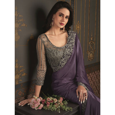 Dark Violet Embroidered Designer Satin Saree