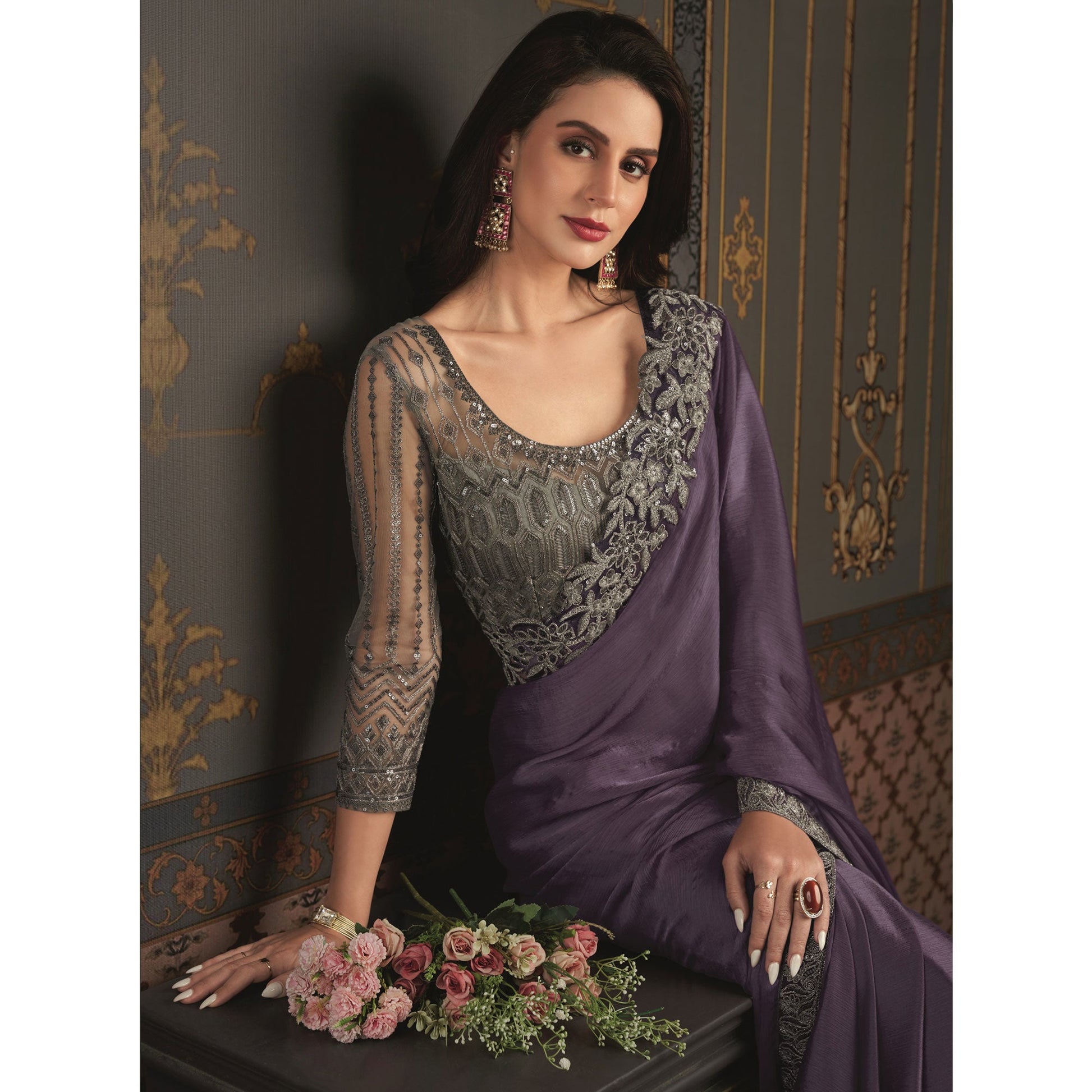 Dark Violet Embroidered Designer Satin Saree
