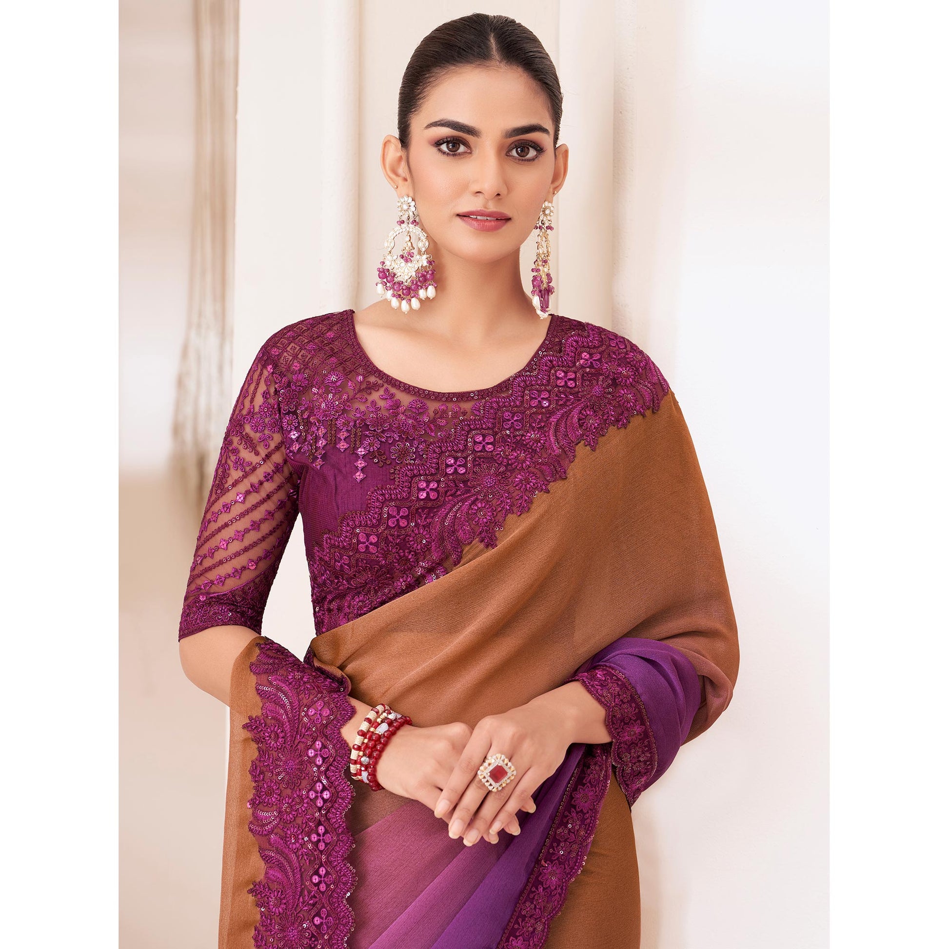Brown & Purple Embroidered Chiffon Saree
