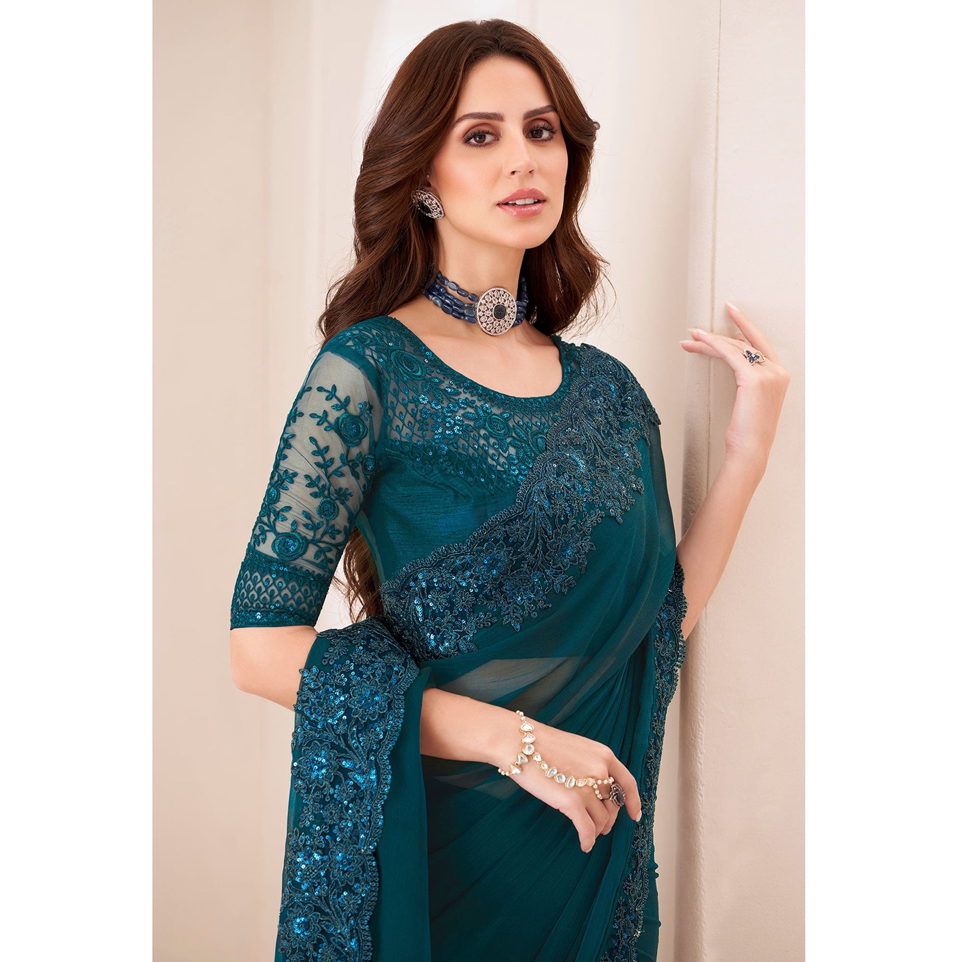 Morpich Blue Embroidered Chiffon Saree