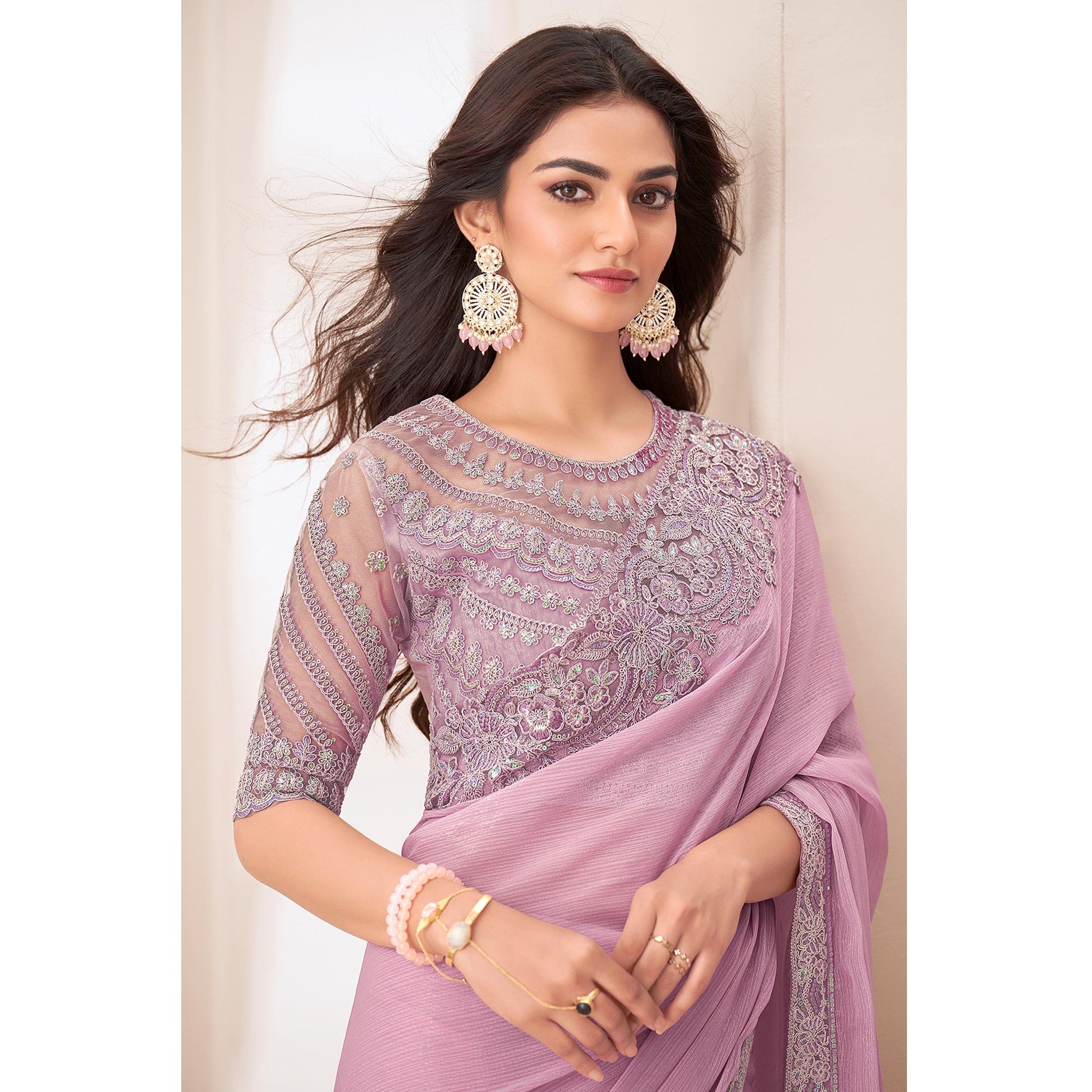 Light Pink Embroidered Chiffon Saree
