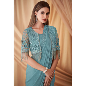 Light Blue Embroidered Satin Saree With Jacket