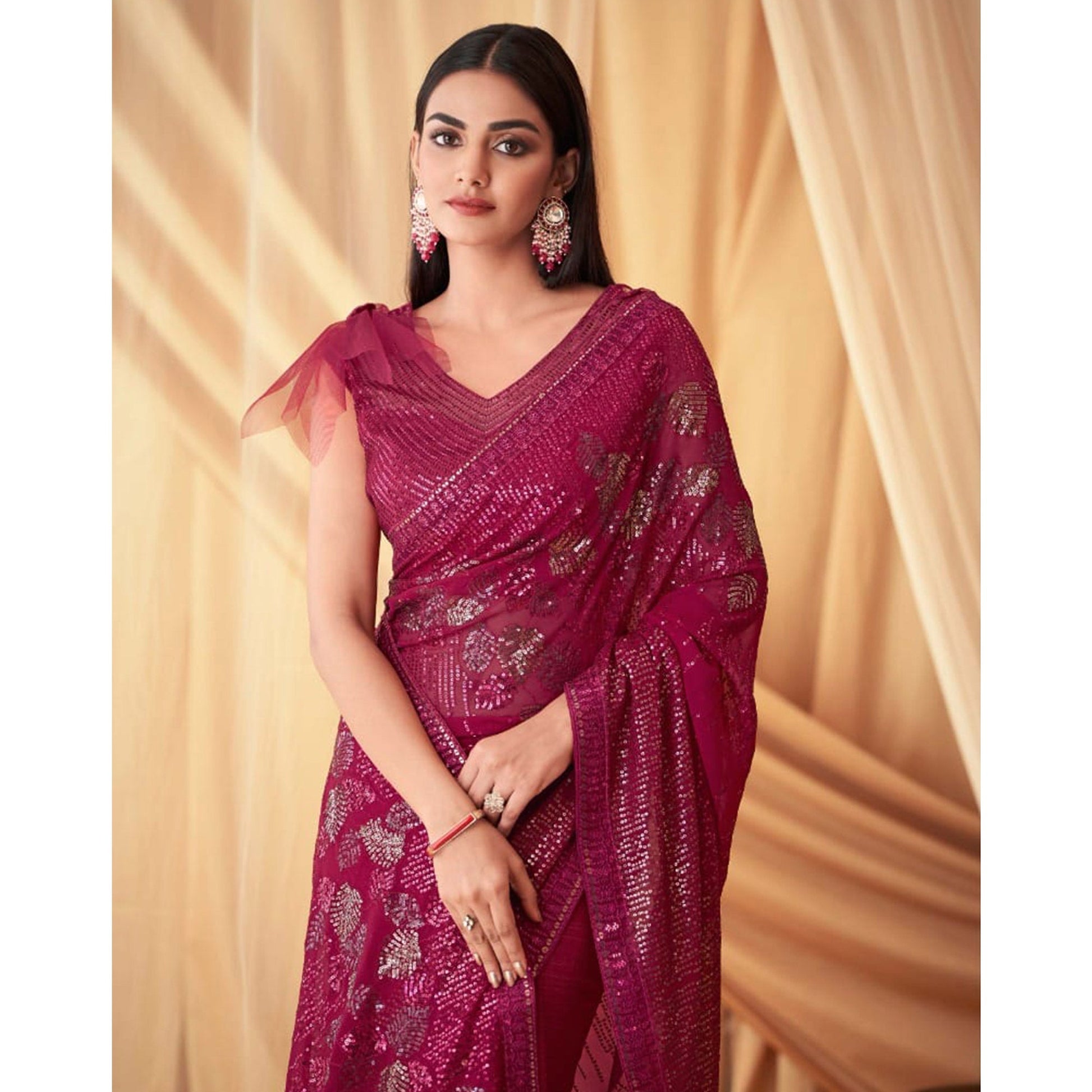 Magenta Sequins Embroidered Georgette Saree With Tassels