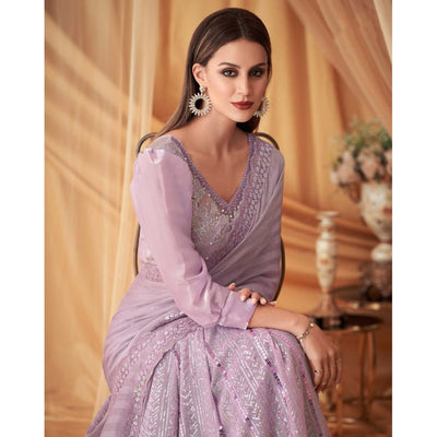 Light Purple Sequins Embroidered Georgette Saree With Tassels