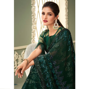 Bottle Green Sequins Embroidered Georgette Saree