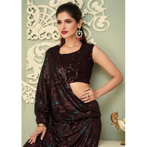 Dark Brown Sequins Embroidered Georgette Saree