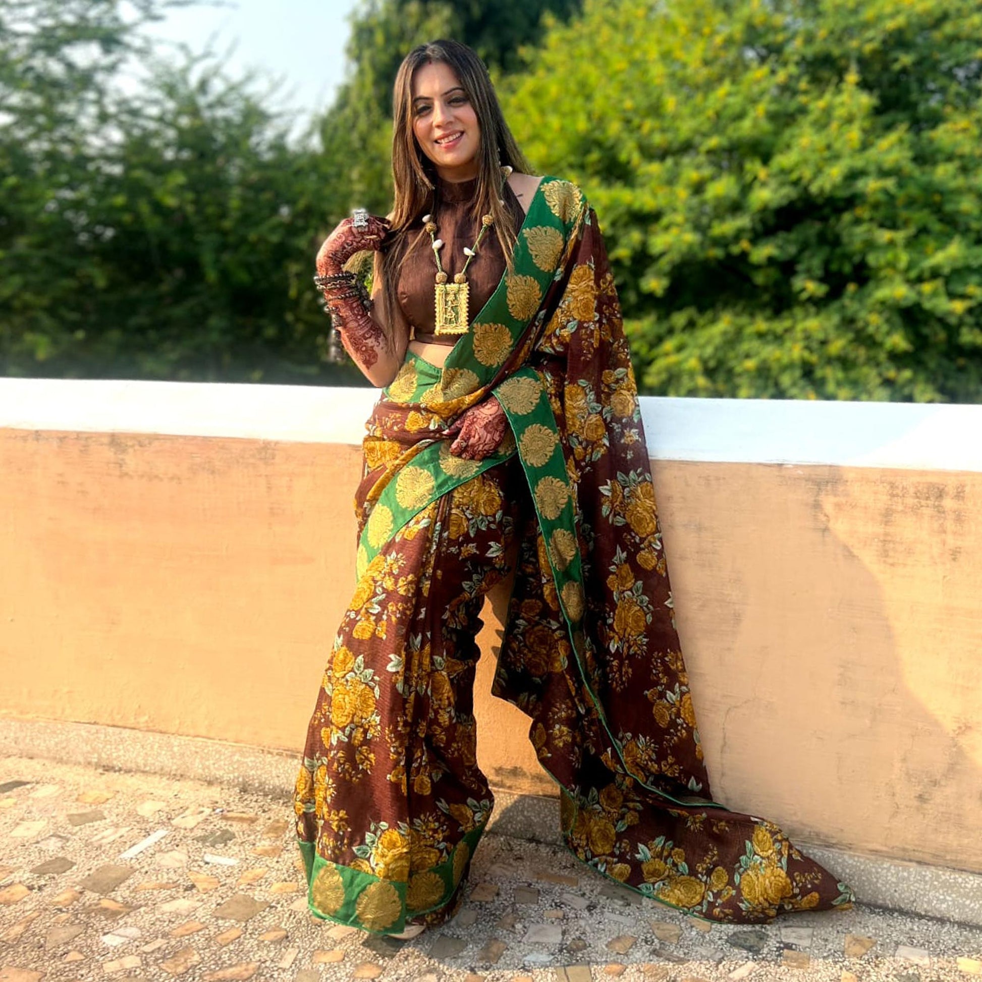 Brown Floral Printed Manipuri Silk Saree