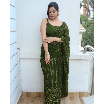 Mehandi Green Sequins Embroidered Georgette Saree
