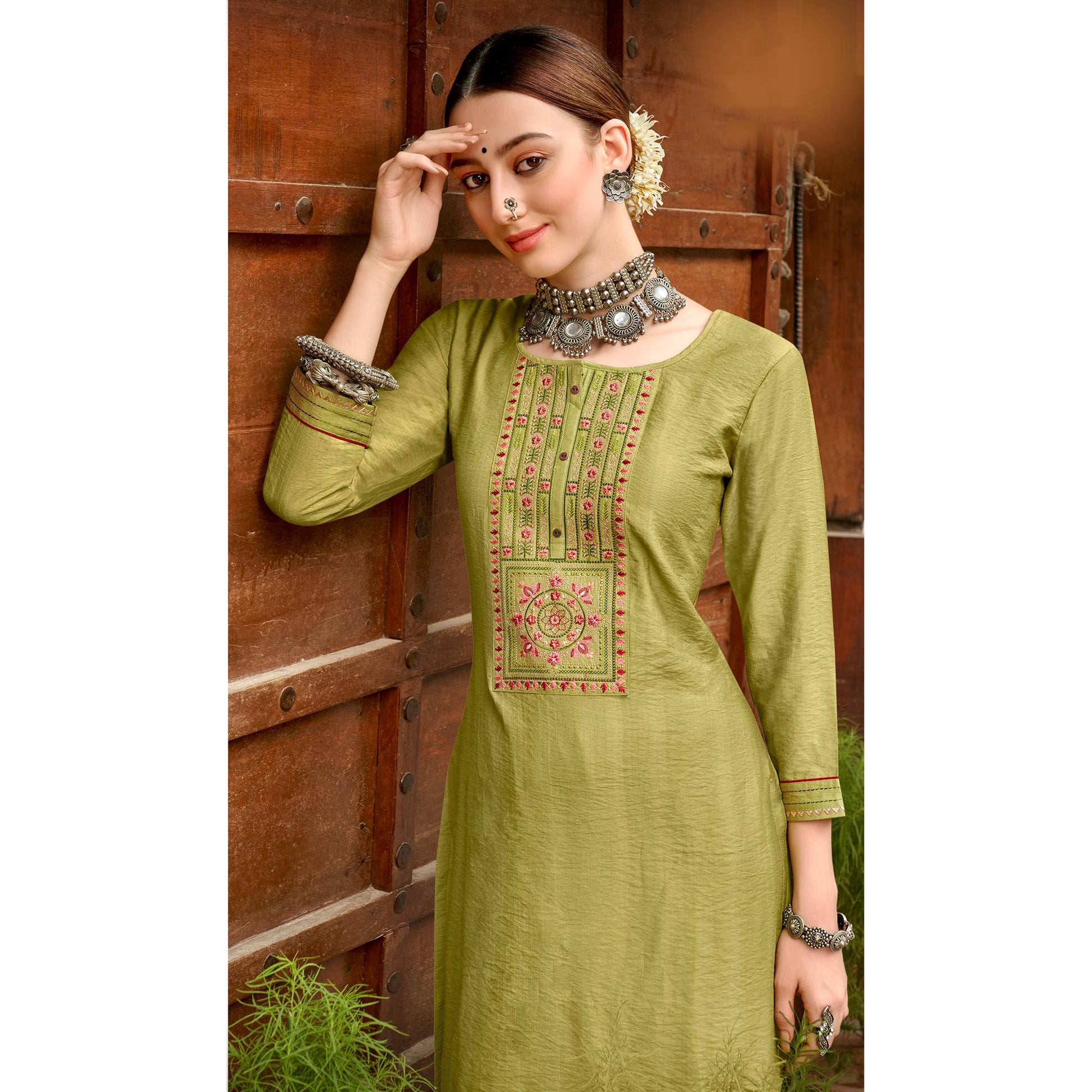 green-embroidered-viscose-kurti