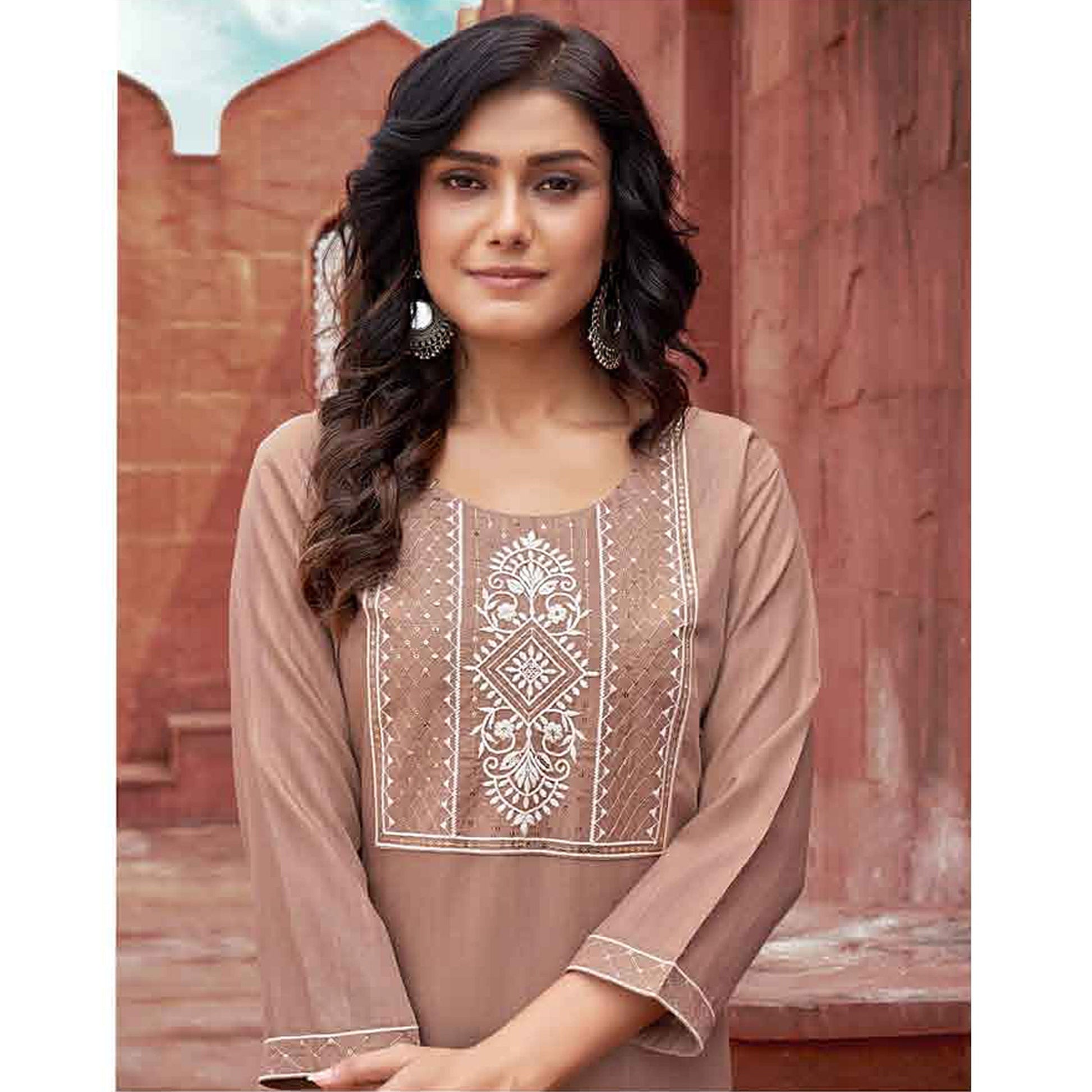 Brown Floral Embroidered Rayon Kurti