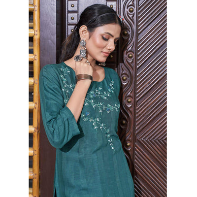 Deep Sea Green Floral Embroidered Rayon Kurti