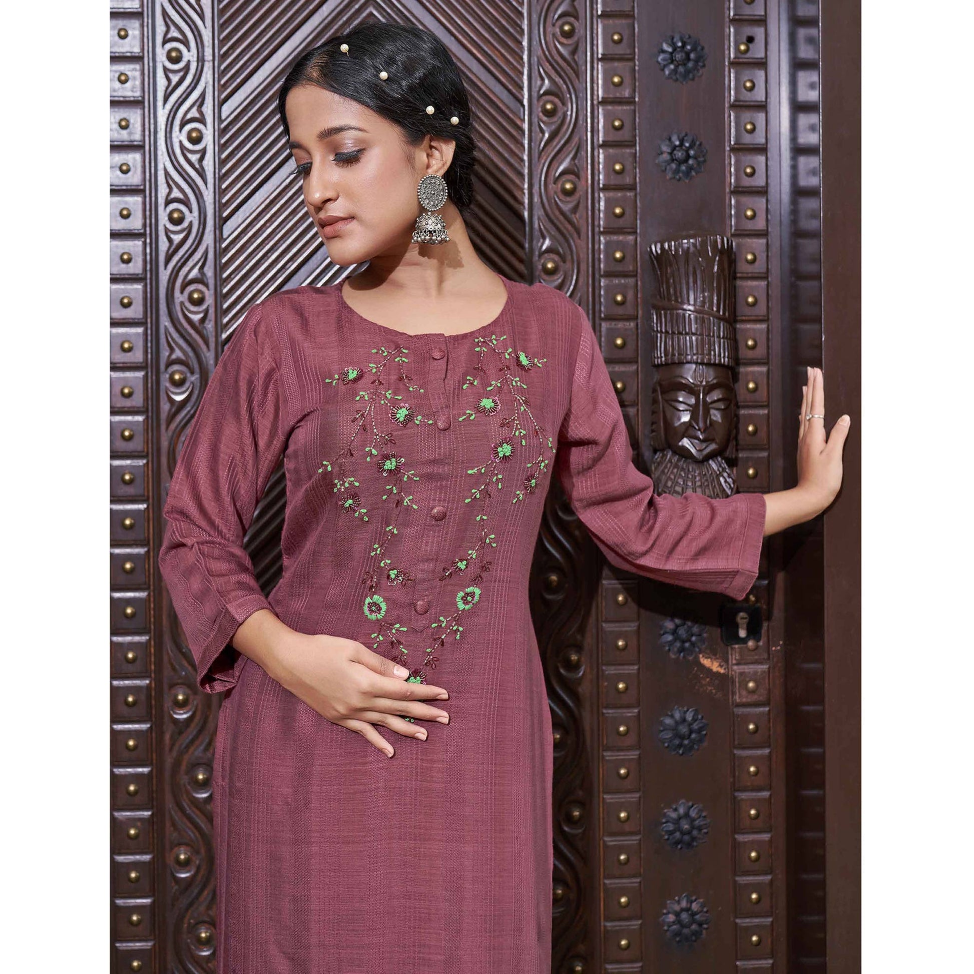 Dark Mauve  Floral Embroidered Rayon Kurti