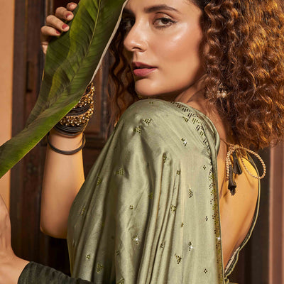 Mehendi Green Swarovski Work Embroidered Ombre Satin Saree