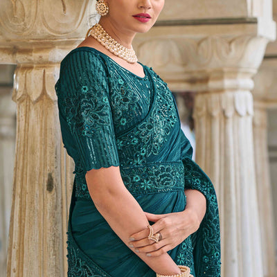 Morpich Green Sequins Embroidered Georgette Saree