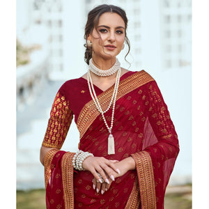 Maroon Foil Printed Georgette Saree With Embroidered Border