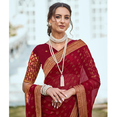 Maroon Foil Printed Georgette Saree With Embroidered Border