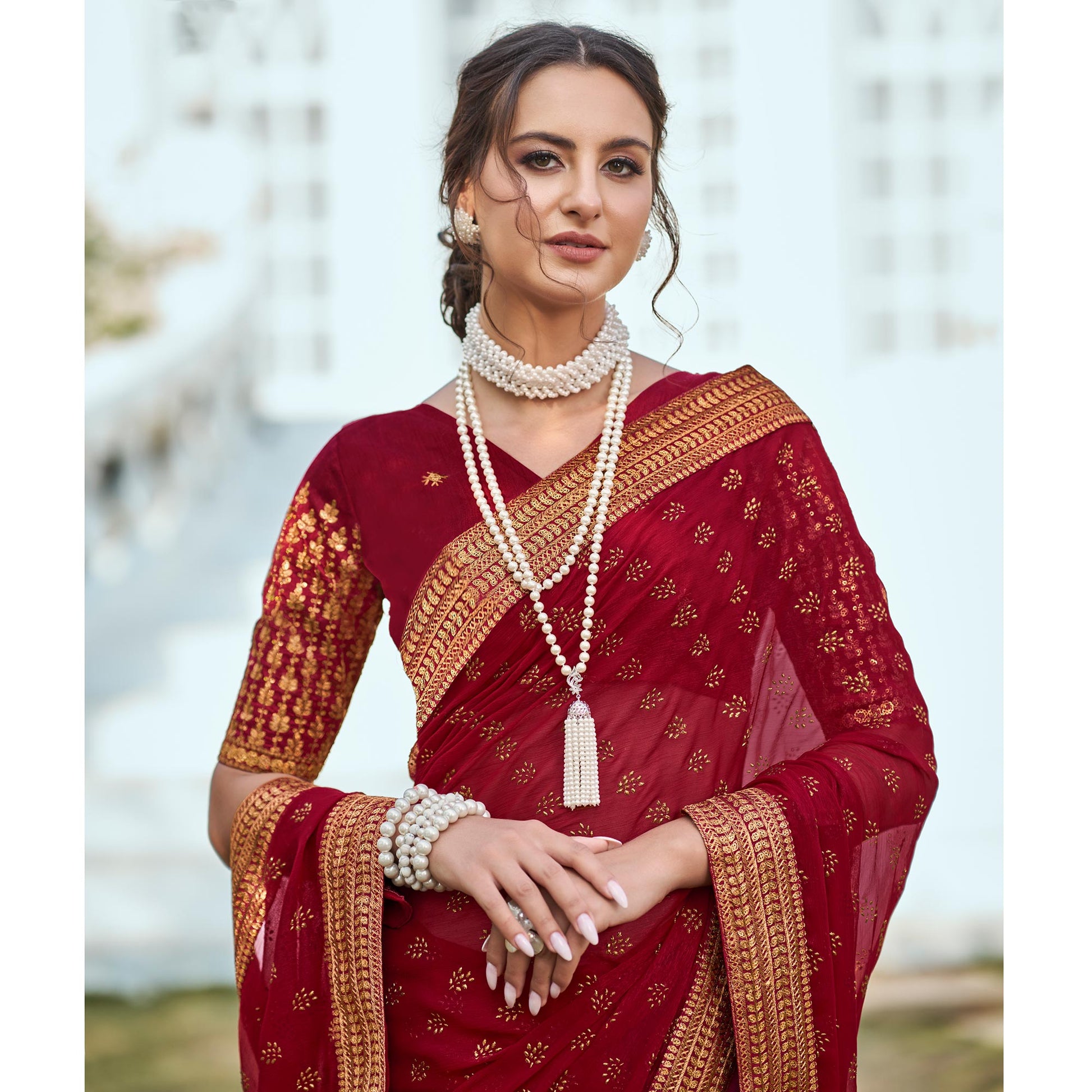 Maroon Foil Printed Georgette Saree With Embroidered Border