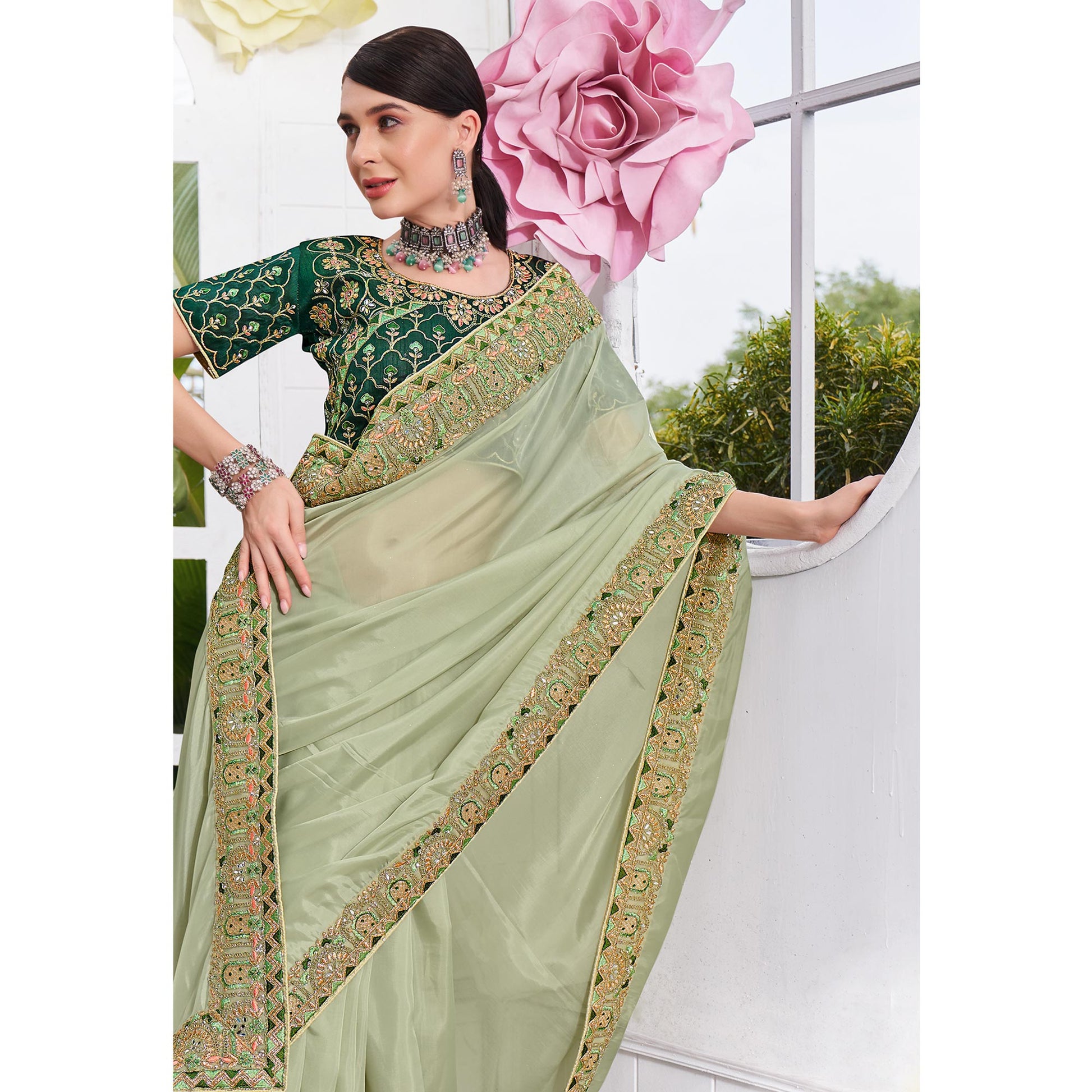 green-solid-with-embroidered-border-organza-saree