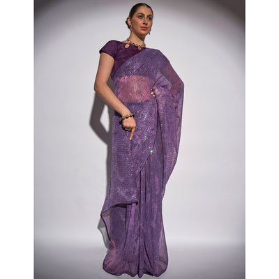 Lavender Ombre Print Sequence Work Georgette Saree