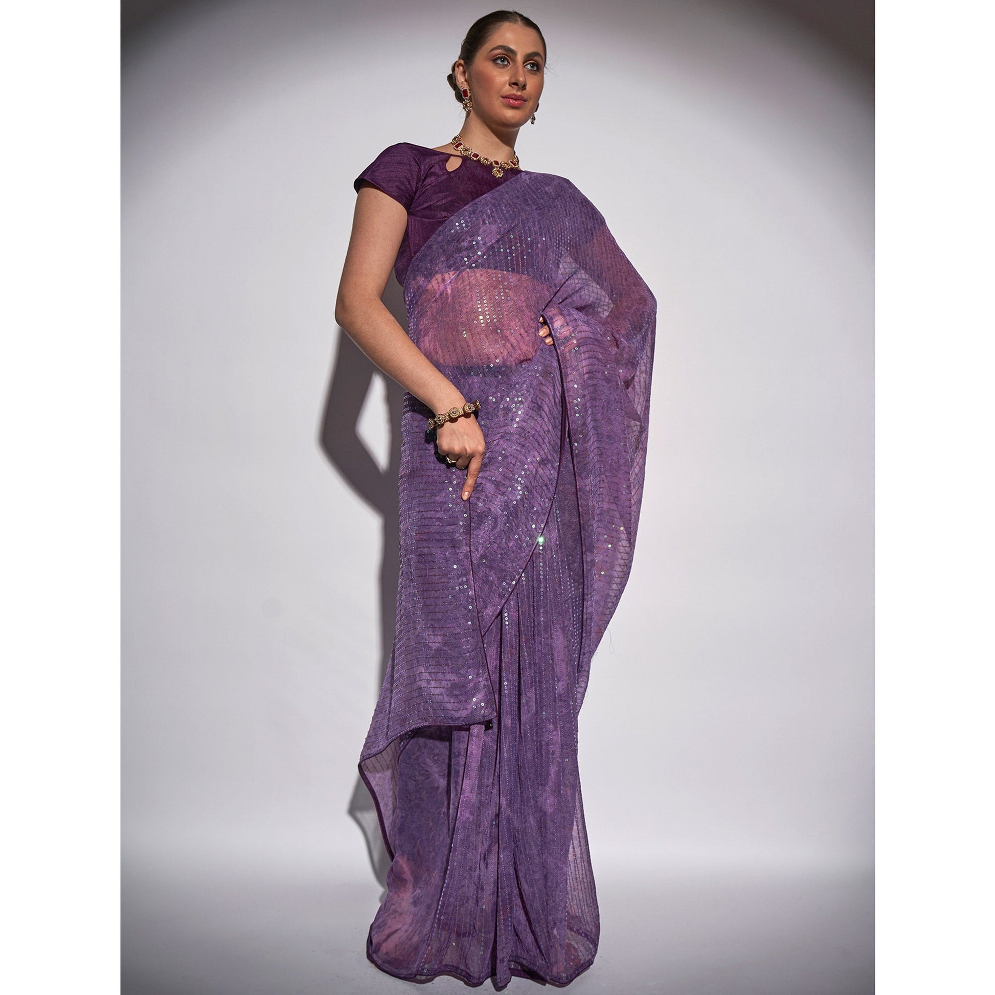 Lavender Ombre Print Sequence Work Georgette Saree