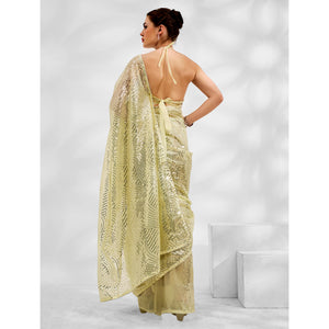 Lemon Yellow Embroidered Sequinned Organza Saree