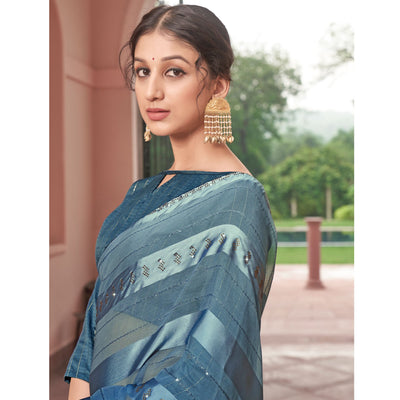 Blue Swarovski Work Georgette Saree