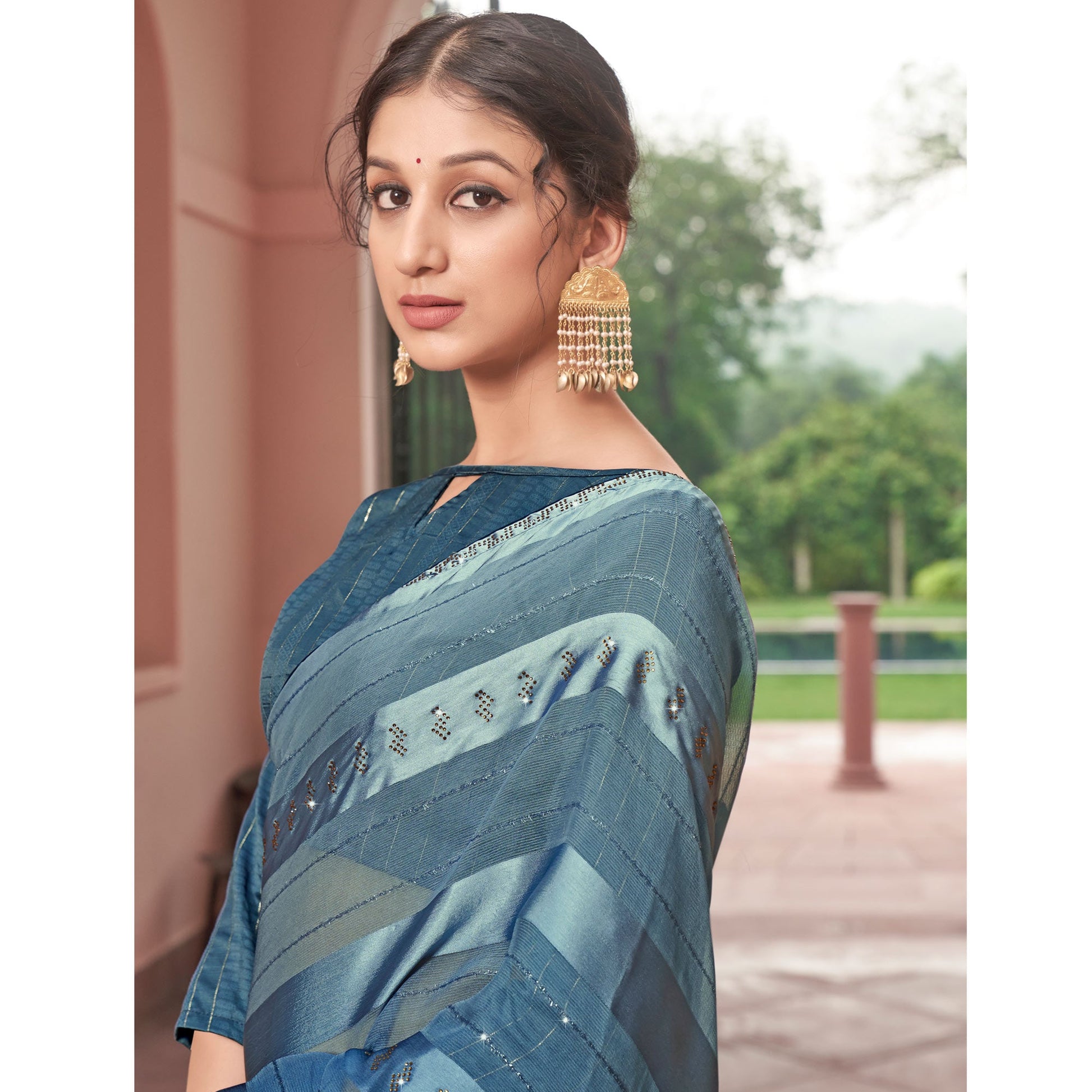 Blue Swarovski Work Georgette Saree