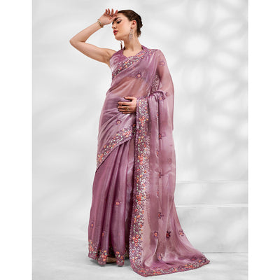 Lavender Floral Embroidered Tissue Saree