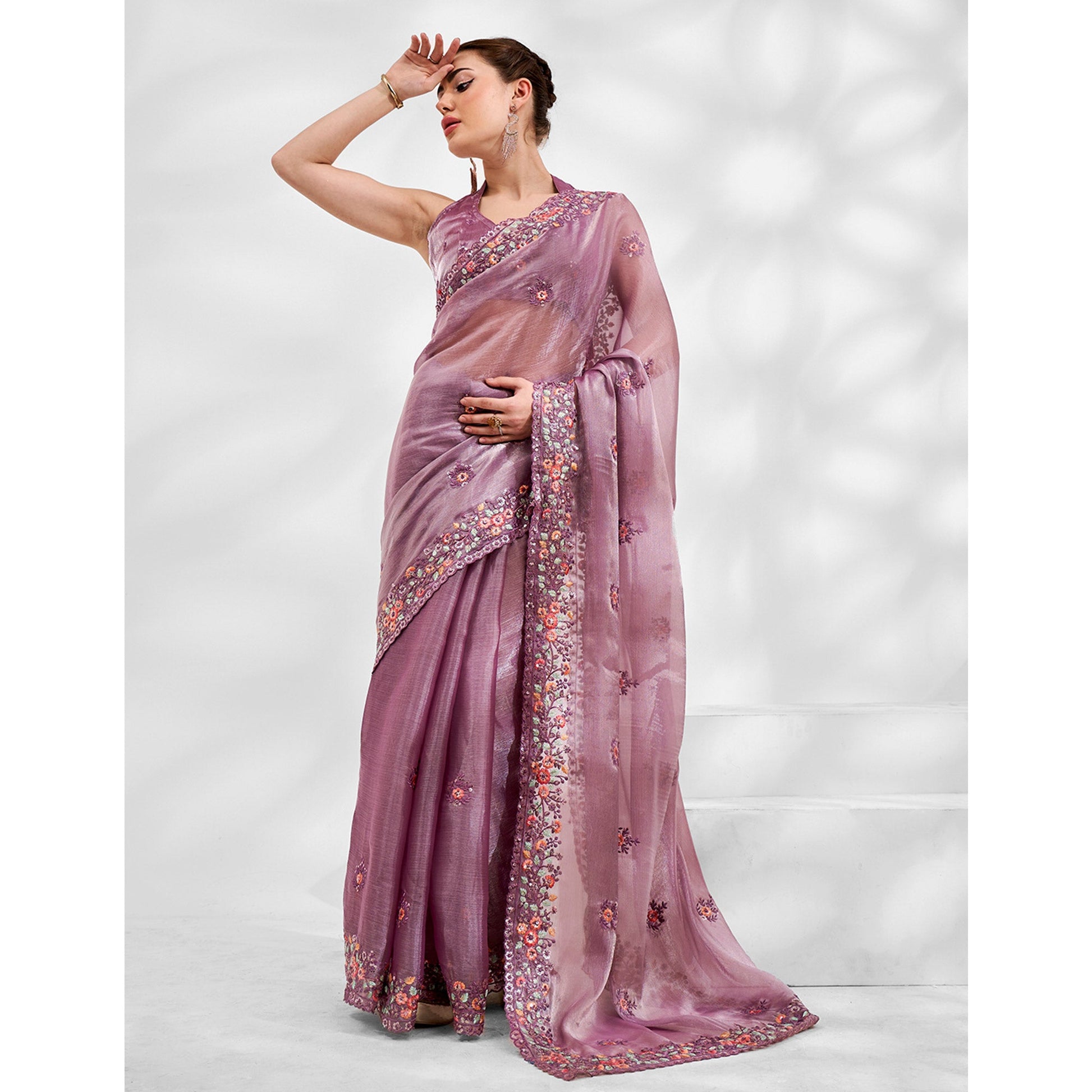 Lavender Floral Embroidered Tissue Saree
