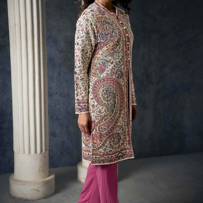Cream Paisley Weaving Woolen Front Slit Top Bottom Set with Jacket