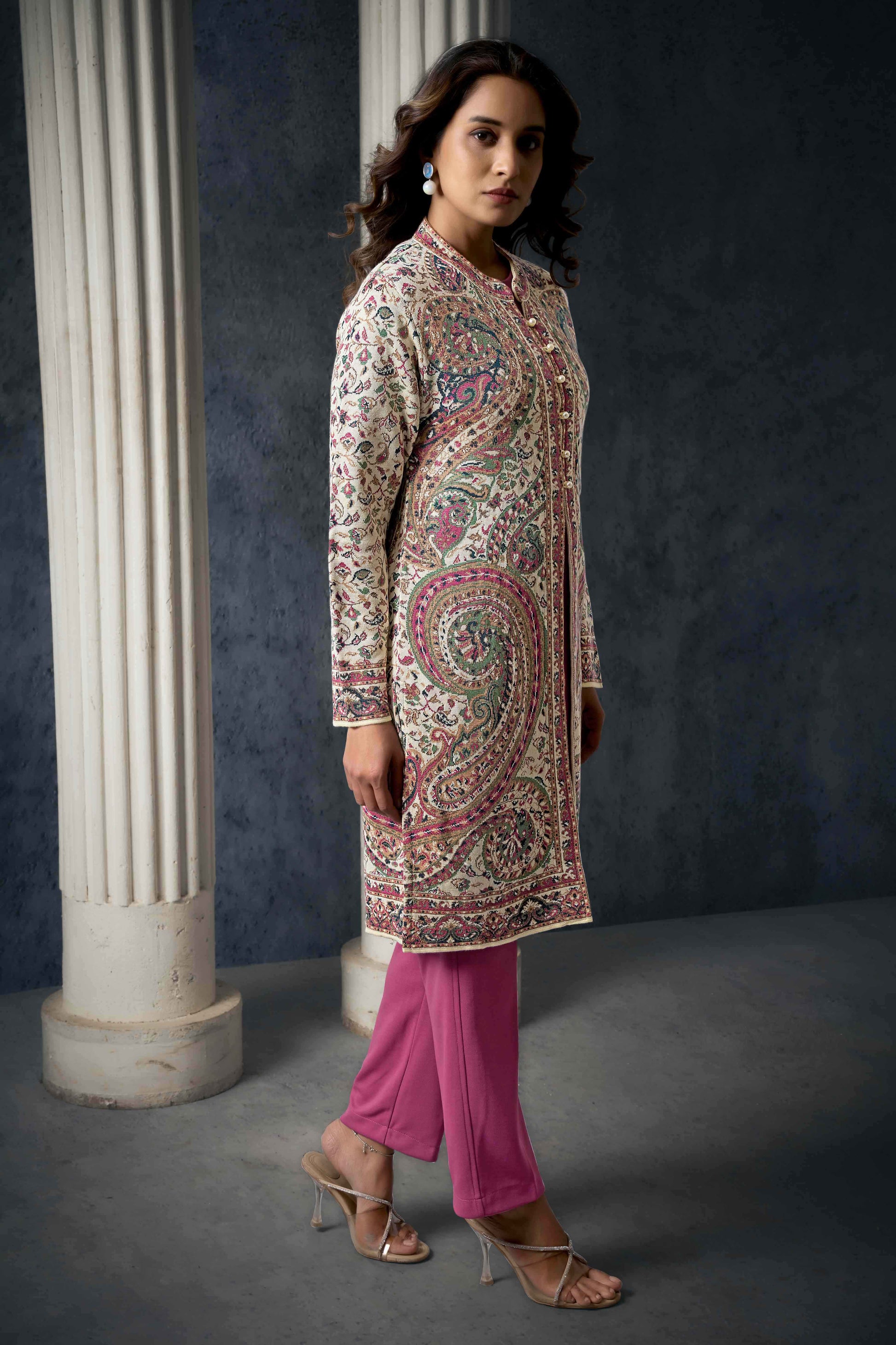 Cream Paisley Weaving Woolen Front Slit Top Bottom Set with Jacket