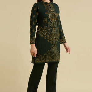 Bottle Green Woven Woolen Straight Top Bottom Set