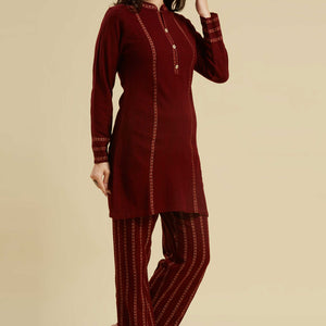 Maroon Woven Woolen Straight Top Bottom Set