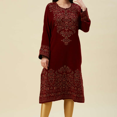 Maroon Floral Woven Woolen Straight Kurti
