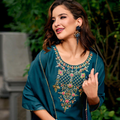 Morpich Floral Embroidery Chanderi Silk Suit