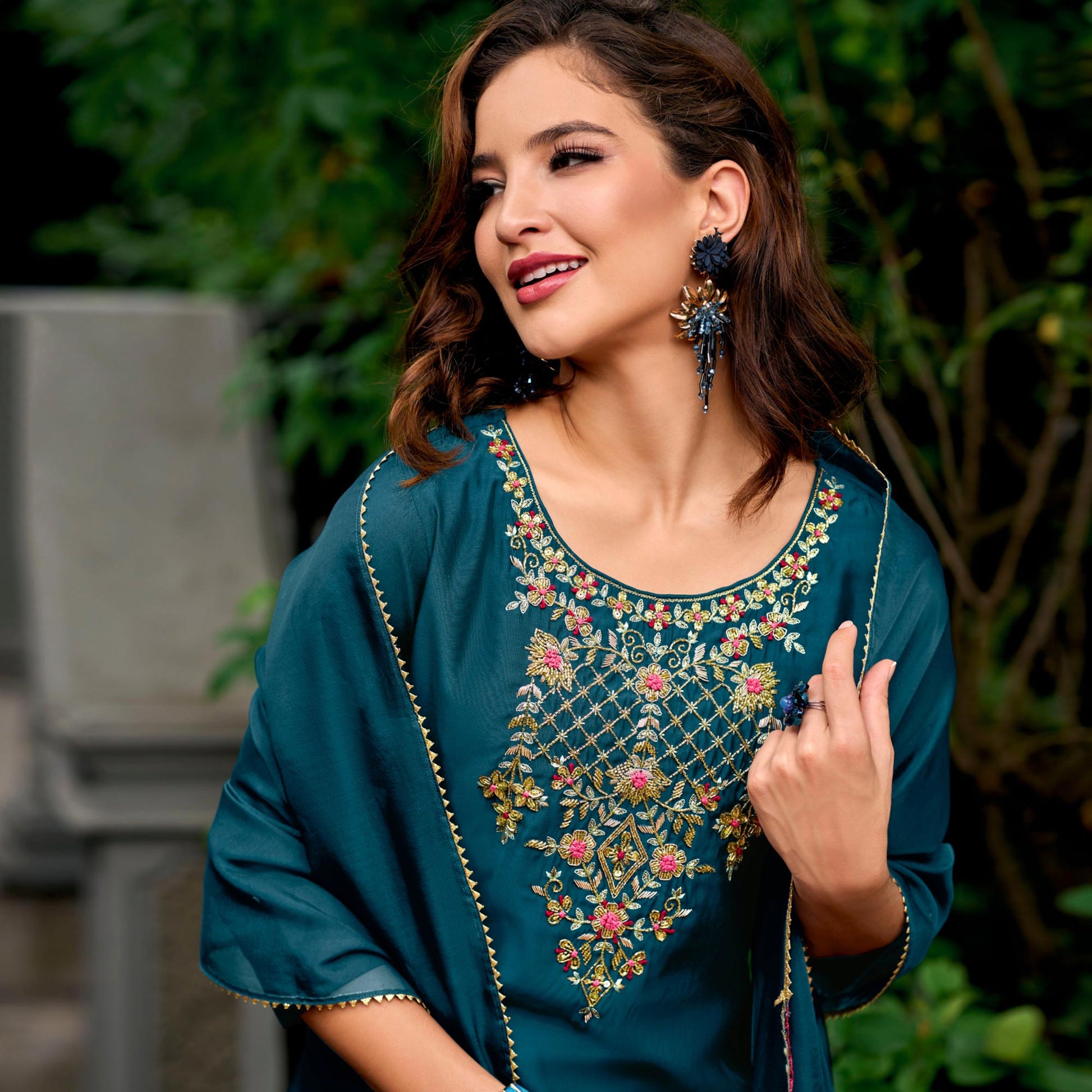 Morpich Floral Embroidery Chanderi Silk Suit