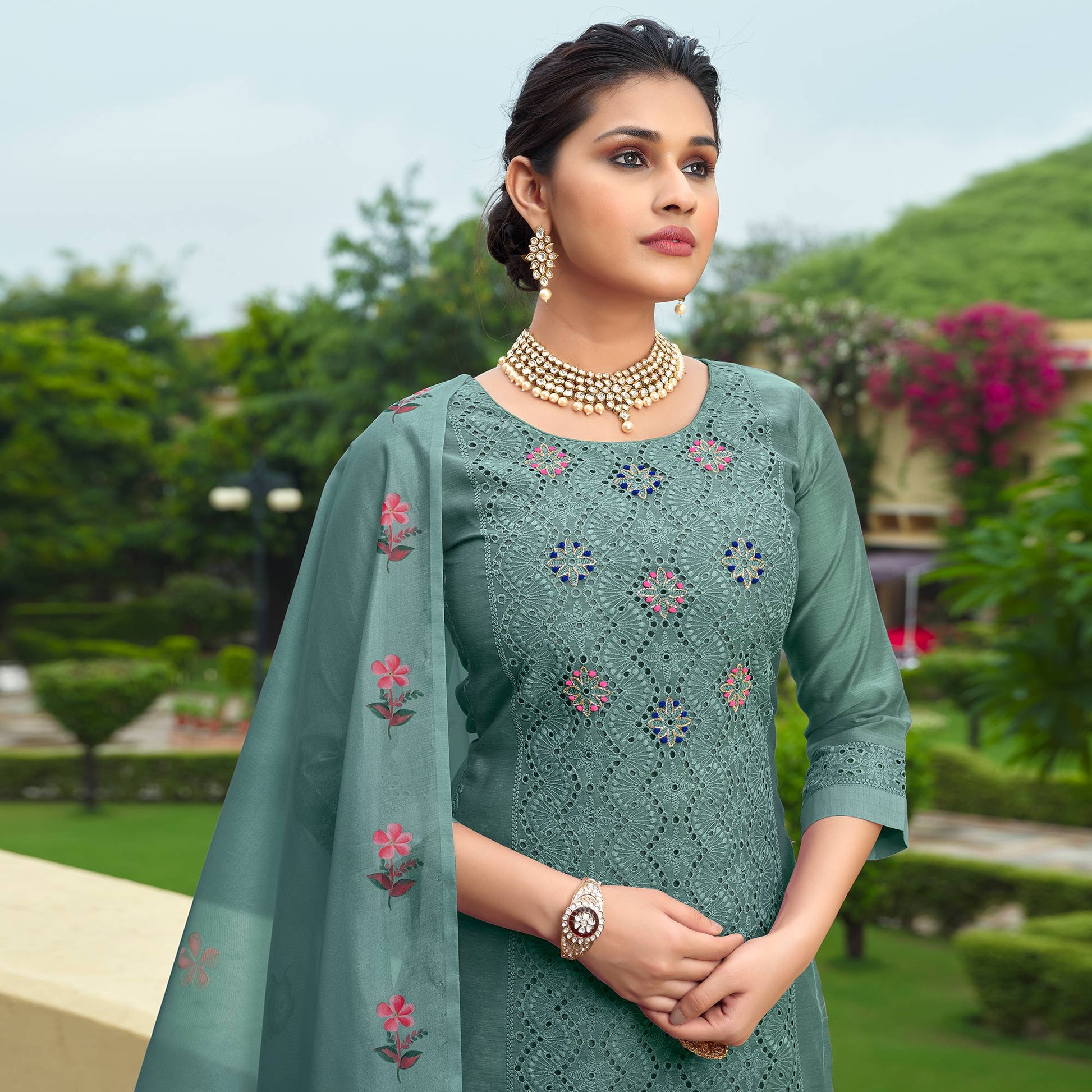 green-chikankari-work-cotton-silk-salwar-suit-1
