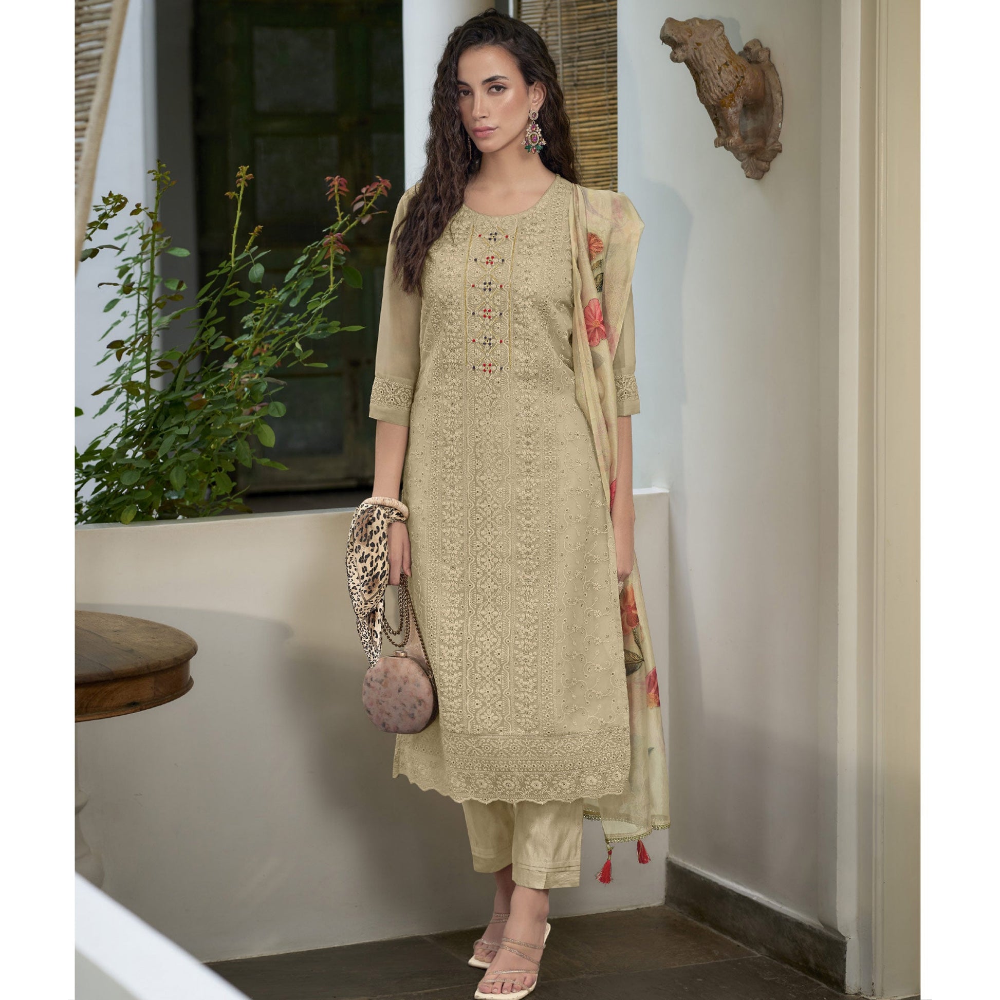 Cream Chikankari With Handwork Organza Salwar Suit