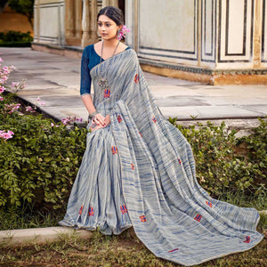 Grey Printed Raw Silk Saree With Fancy Border