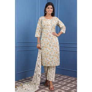 Cream And Brown Floral Printed Pure Cotton Suit