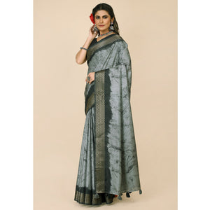 Grey Printed Cotton Silk Saree With Zari Border