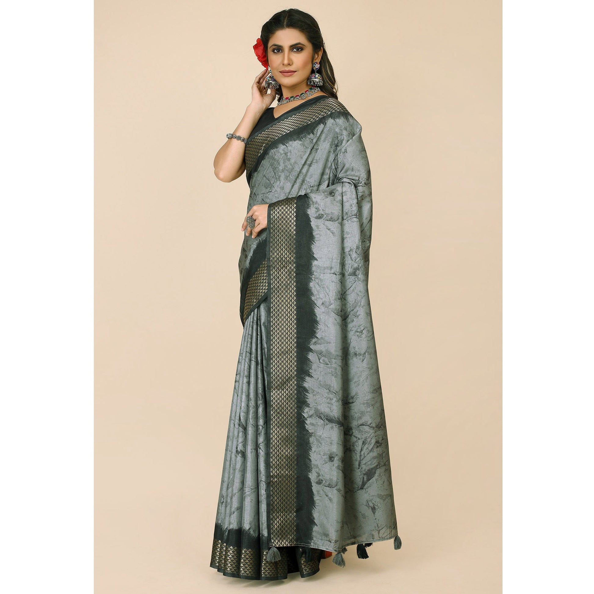 Grey Printed Cotton Silk Saree With Zari Border