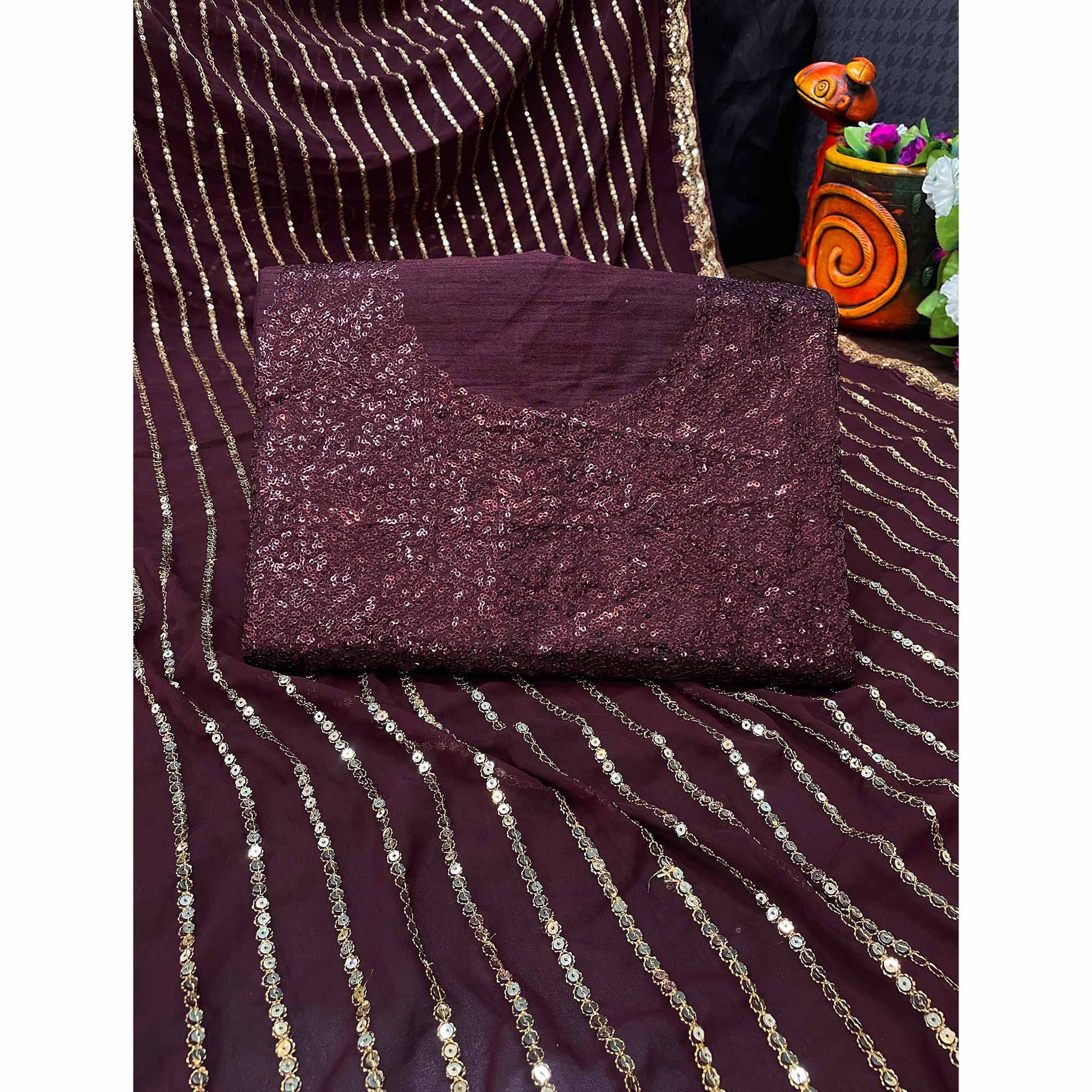 Brown Sequins Embroidered Georgette Saree