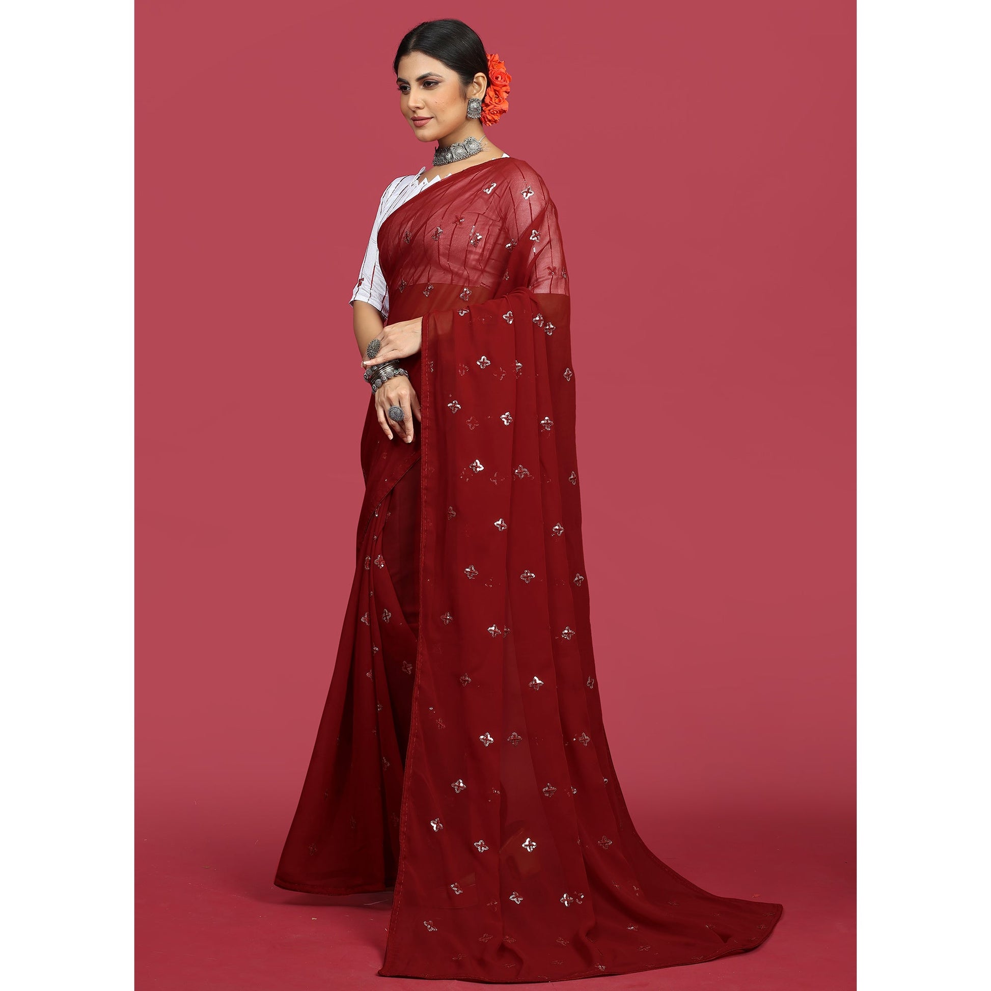 Maroon Sequins Embroidered Georgette Saree