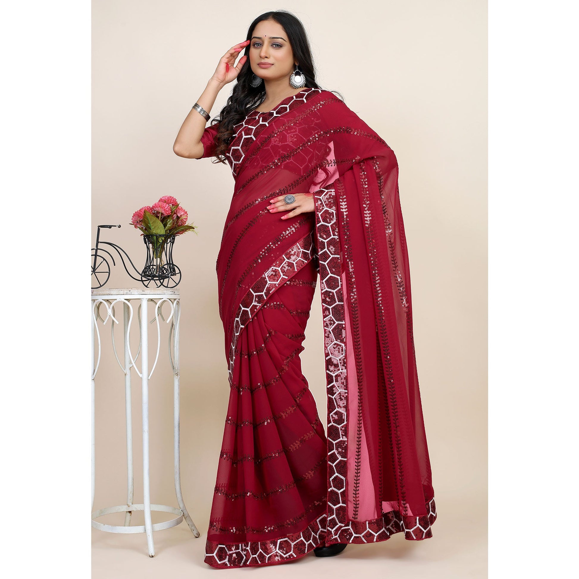 Maroon Sequins Embroidered Georgette Saree