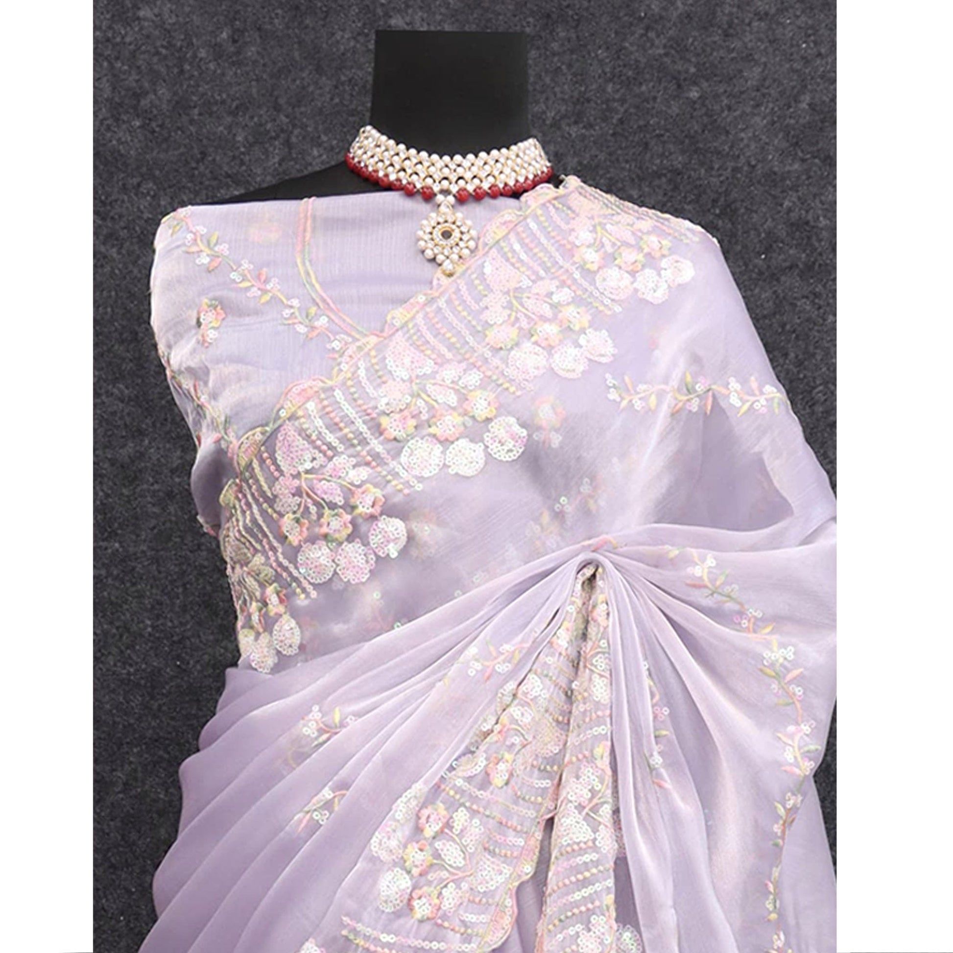 Light Lavender Sequins Embroidered Chiffon Saree